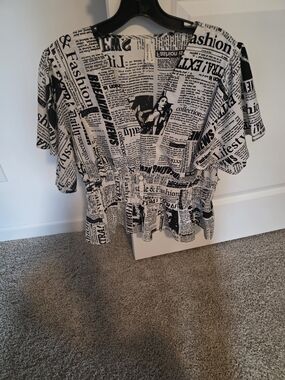 Newspaper Print Peplum Top in Black & White